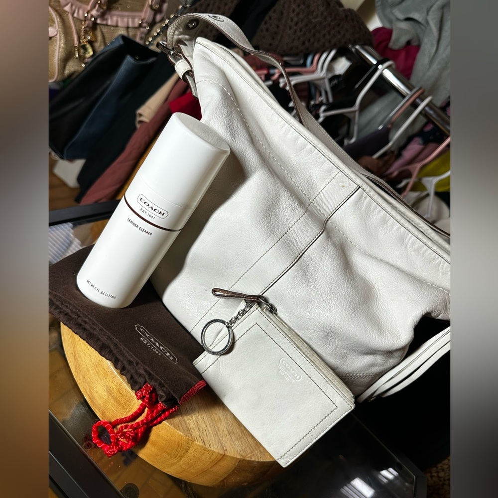 EUC All White tassel coach with matching wallet, leather cleaner and dustbag